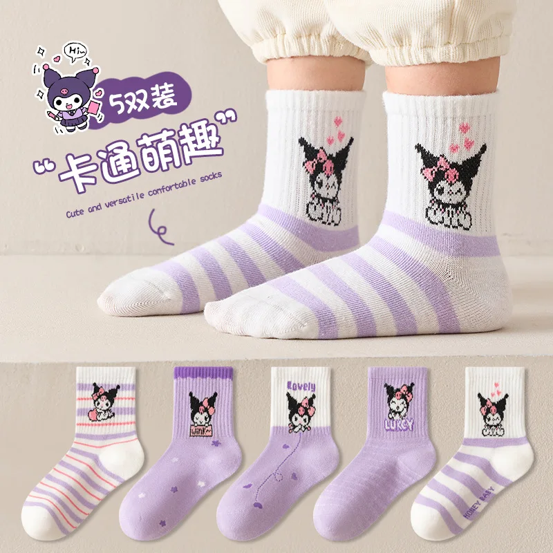 5 Pairs Hello Kitty Kids Socks Kawaii New Summer Cartoon 1-12 Years Old Children Mid-calf Cotton Sock for Girls and Boys Gifts 3