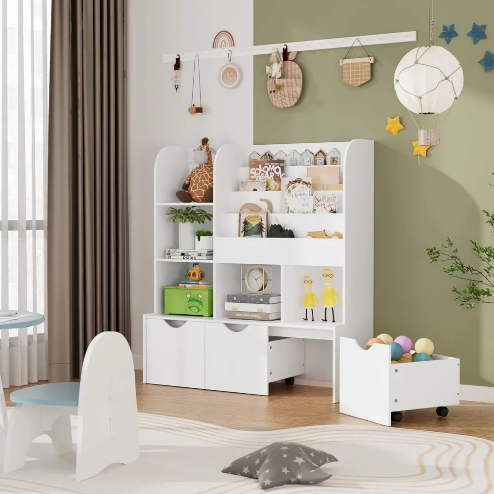 Kids Bookcase and Bookshelf, Multifunctional Bookcase with 5 Storage Cubbies and 3 Movable Drawers, Toy Storage Organizer