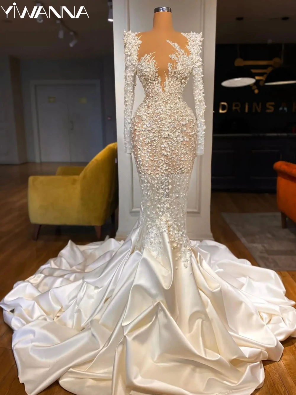 

Sexy Illusion Deep V-neck Bridal Dress Sparkly Beads Pearls Wedding Gown Luxury Ruffles Mermaid Long Bride Robe Vestido De Novia