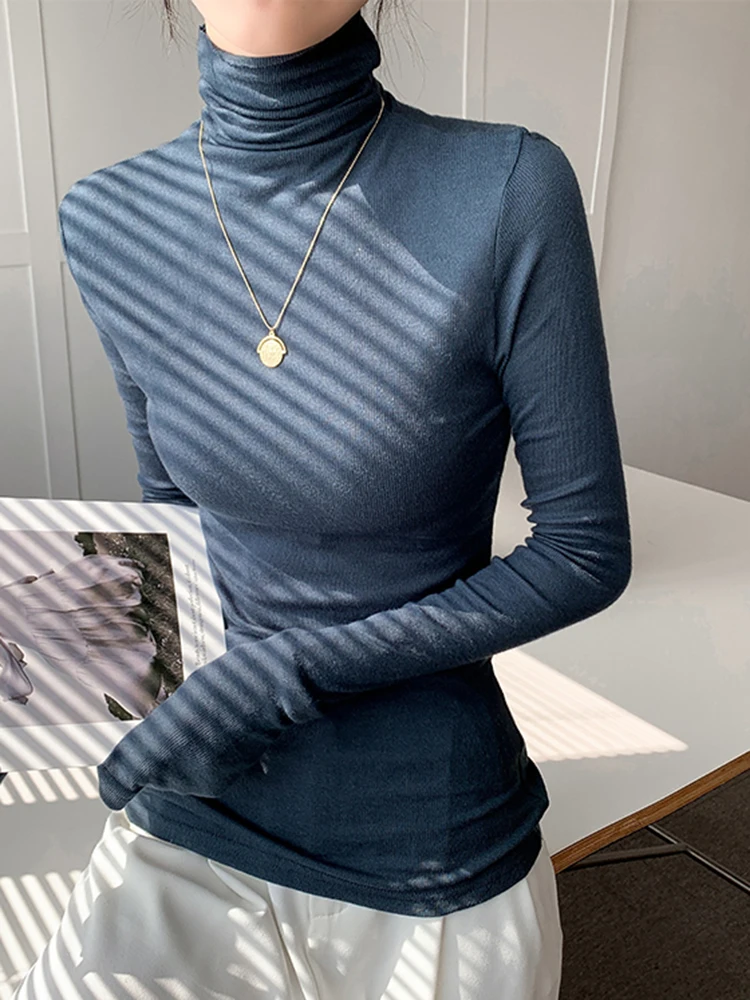 

Autumn Winter Korean Turtleneck Tshirt Women Slim White Tees Long Sleeve Basic Cotton T Shirt Female Bottoming High Elastic Tops