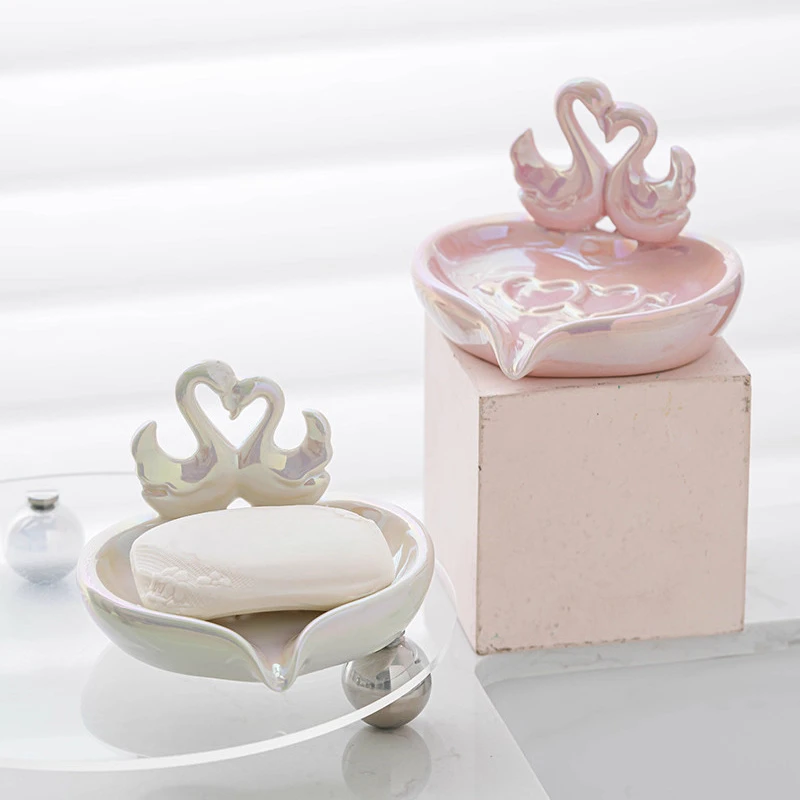 Creative Ceramic Soap Box, Light luxury Cute Swan Shaped Soap Dishes, Home Bathroom Kitchen Supplies, Bathroom storage rack, 1Pc