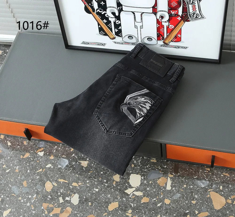 

Eagle Head Jeans Men 2024 Spring new elastic fashion embroidery size 29-40 Straight long pants Customized Leather label