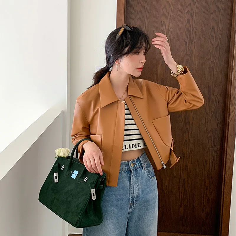 Новая кожаная женская Летающая мотоциклетная куртка из овечьей кожи короткое свободное верхнее пальто