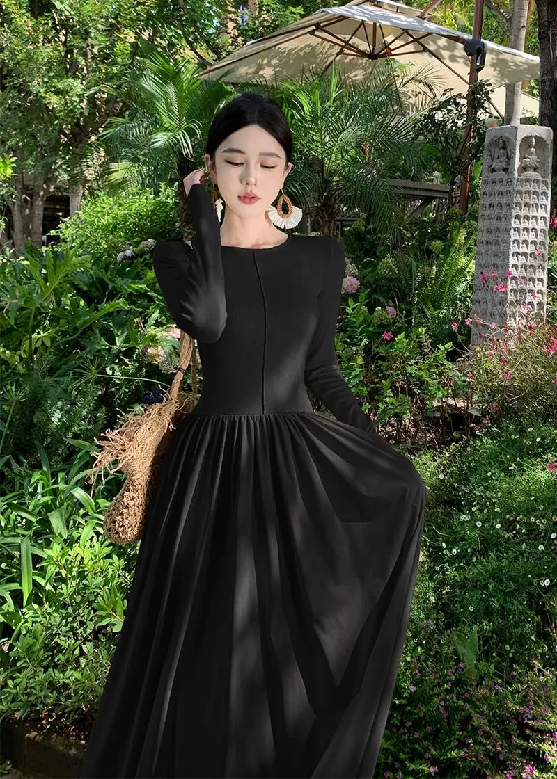 Vestidos largos informales de retazos para mujer, cuello redondo, mangas largas, corte en A, otoño primavera, moda coreana, vestidos de una pieza para mujer, nuevos