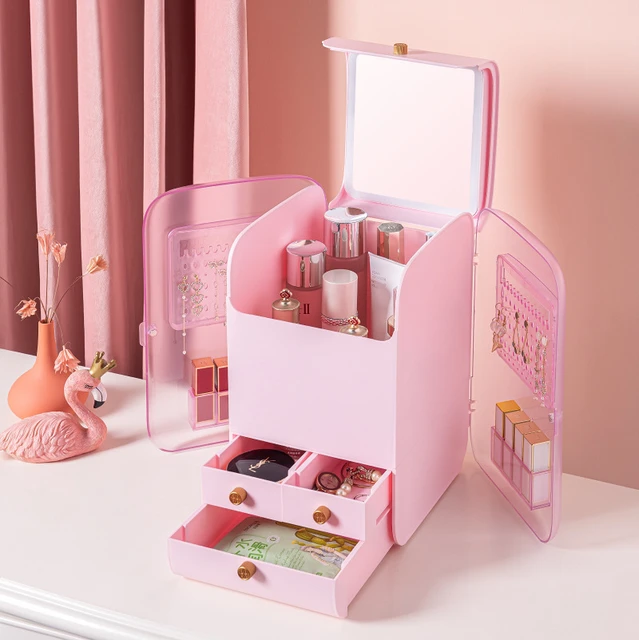 Organizador de maquillaje con forma de huevo, 3 cajones, caja de  almacenamiento de cosméticos, organizador de escritorio, con espejo LED  para baño