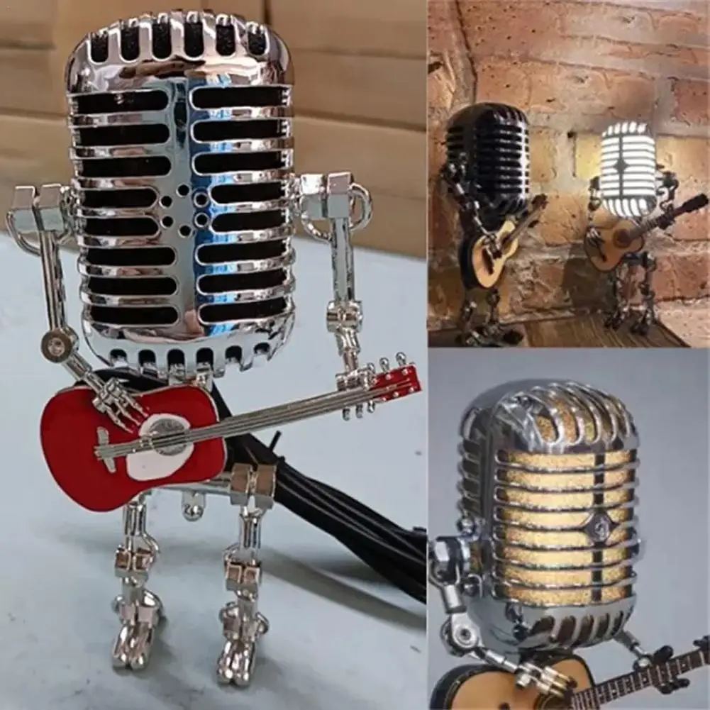 Vintage Microphone Guitar Robot Led Night Lights Metal Microphone Robot Desk Lamp For Bedroom Restaurant Home Desktop Decor D6q7
