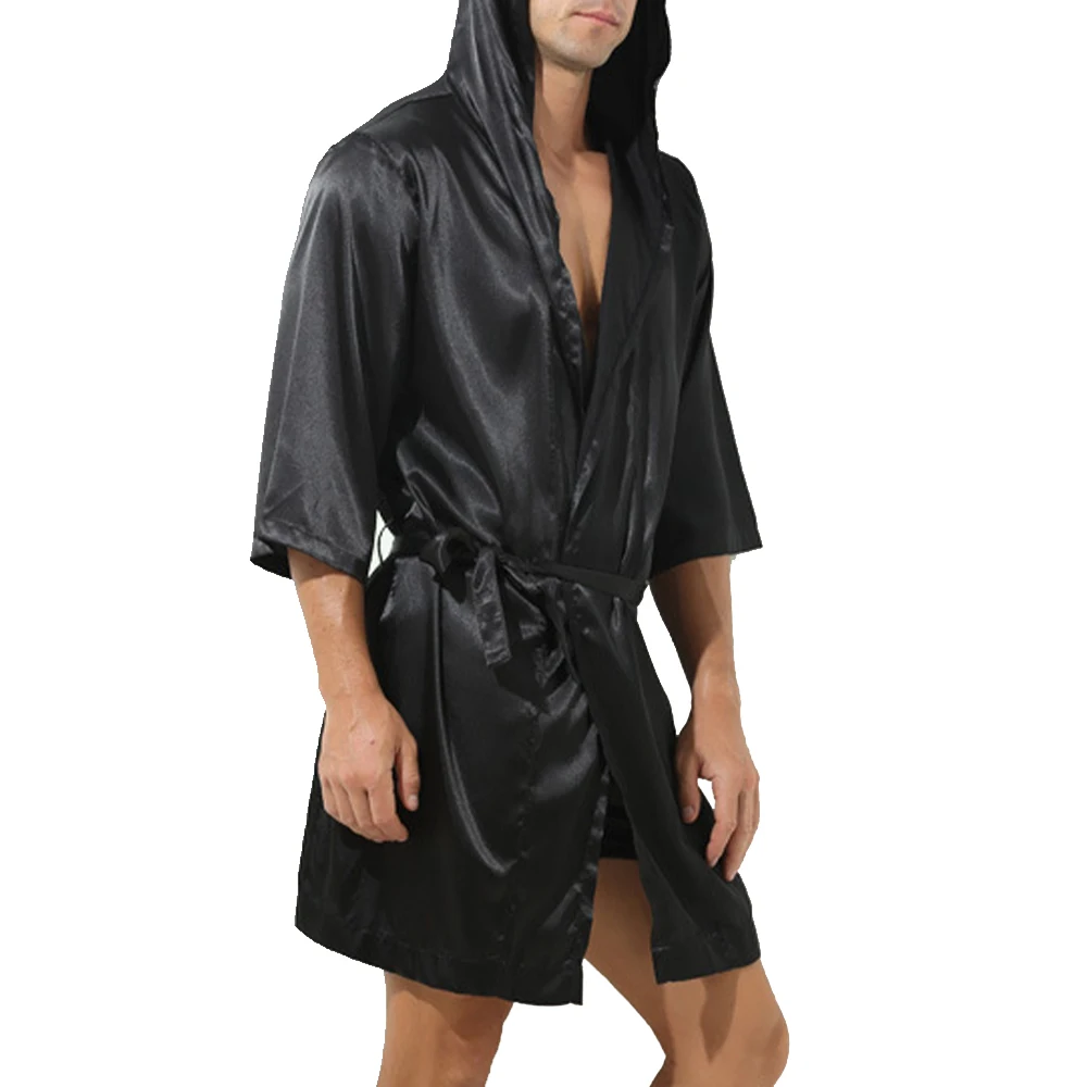 Men's Hooded Robes Loose Satin Silk Like Summer Bathrobe Pajamas Sleepwear Gown Bath Robe Nightwear Kimono Robe silk robes for women faux silk solid lace robe bride and bridesmaid robes bathrobe plus size women home sexy robe pajamas