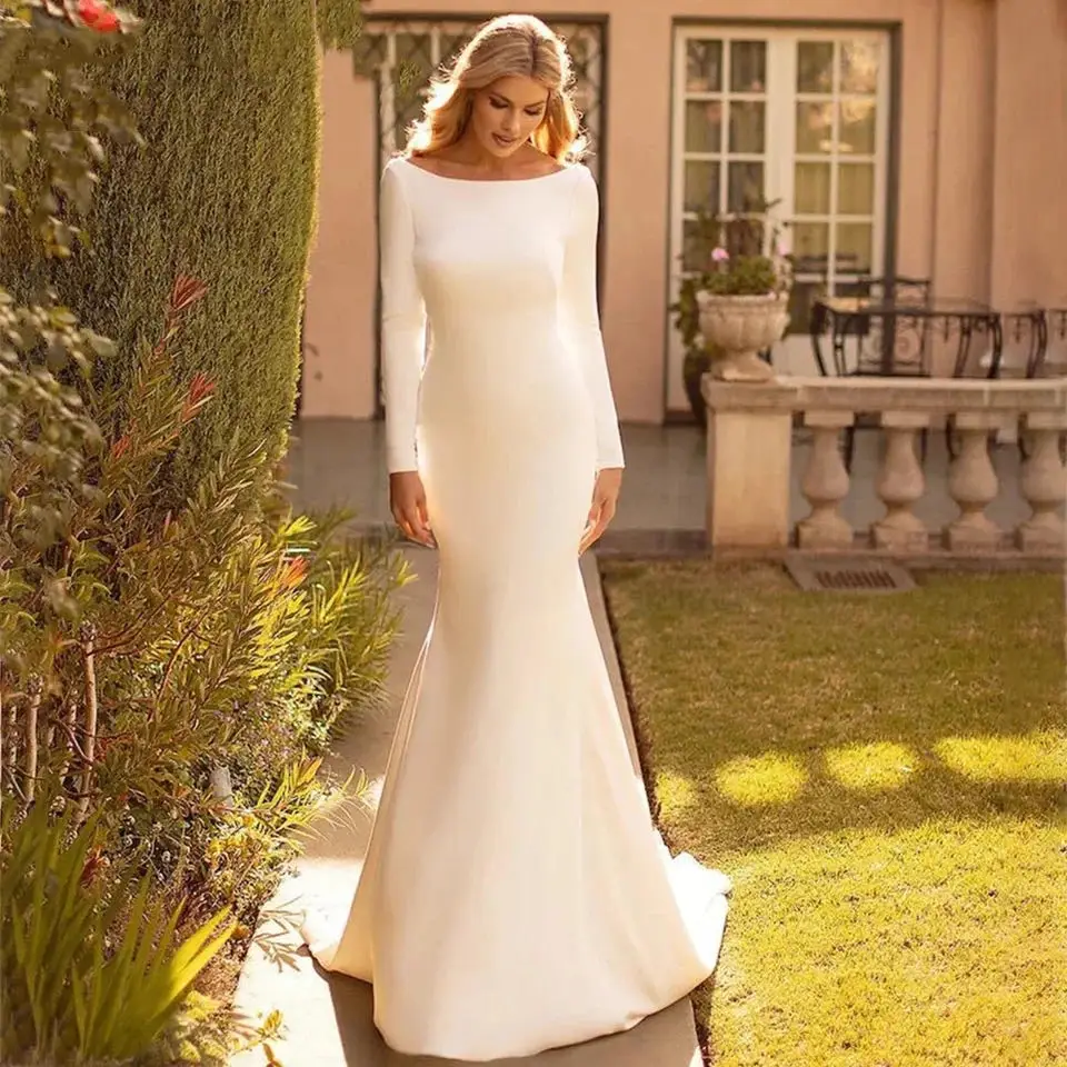 

Elegant Mermaid Wedding Dresse Satin Cowl Back O-Neck Bridal Gown Simple White Long Sleeves Vestido de Novia 2024 Sweep Train