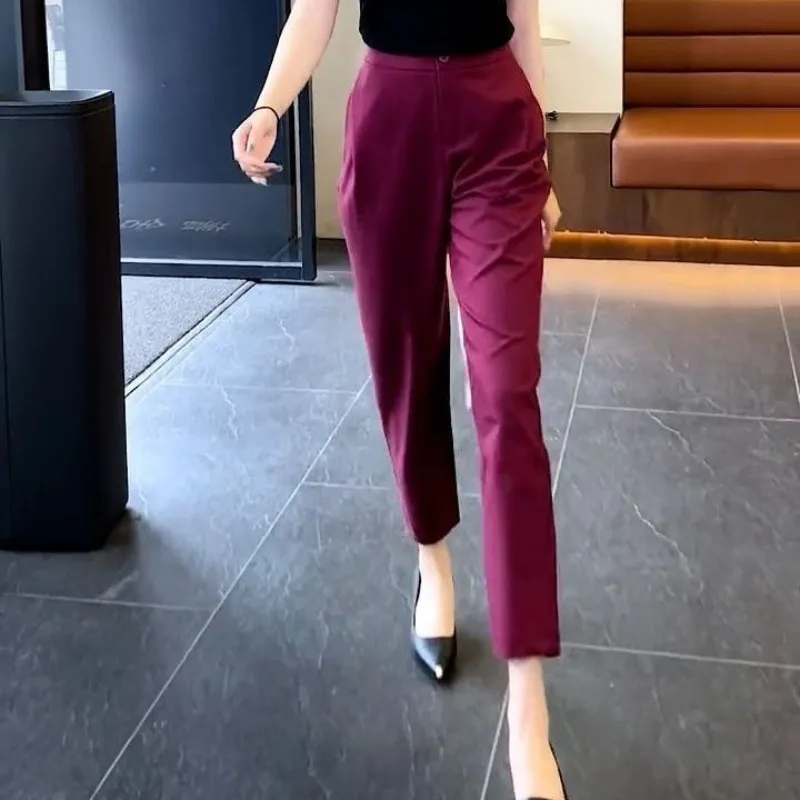 2024 Spring Summer New Minimalist Commute Women's High-waisted Button Solid Color Straight Versatile Work Wear Harlan Suit Pants