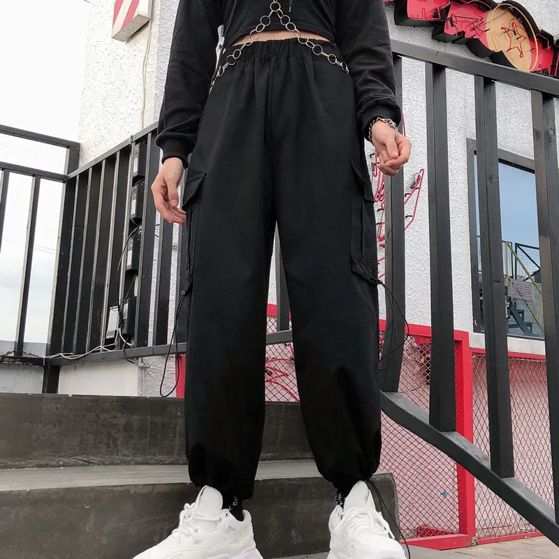 Black Casual Joggers Streetwear Elastic High Waist Autumn Loose Harajuku Trousers Korean Tide Ladies Pocket Cargo Womens Pants joggers for women