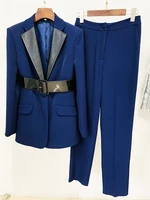 HIGH STREET Newest 2026 S/S Runway Designer Suit Set Women's Leather Collar Belted Blazer Pencil Pants Set 2pcs - Image 2