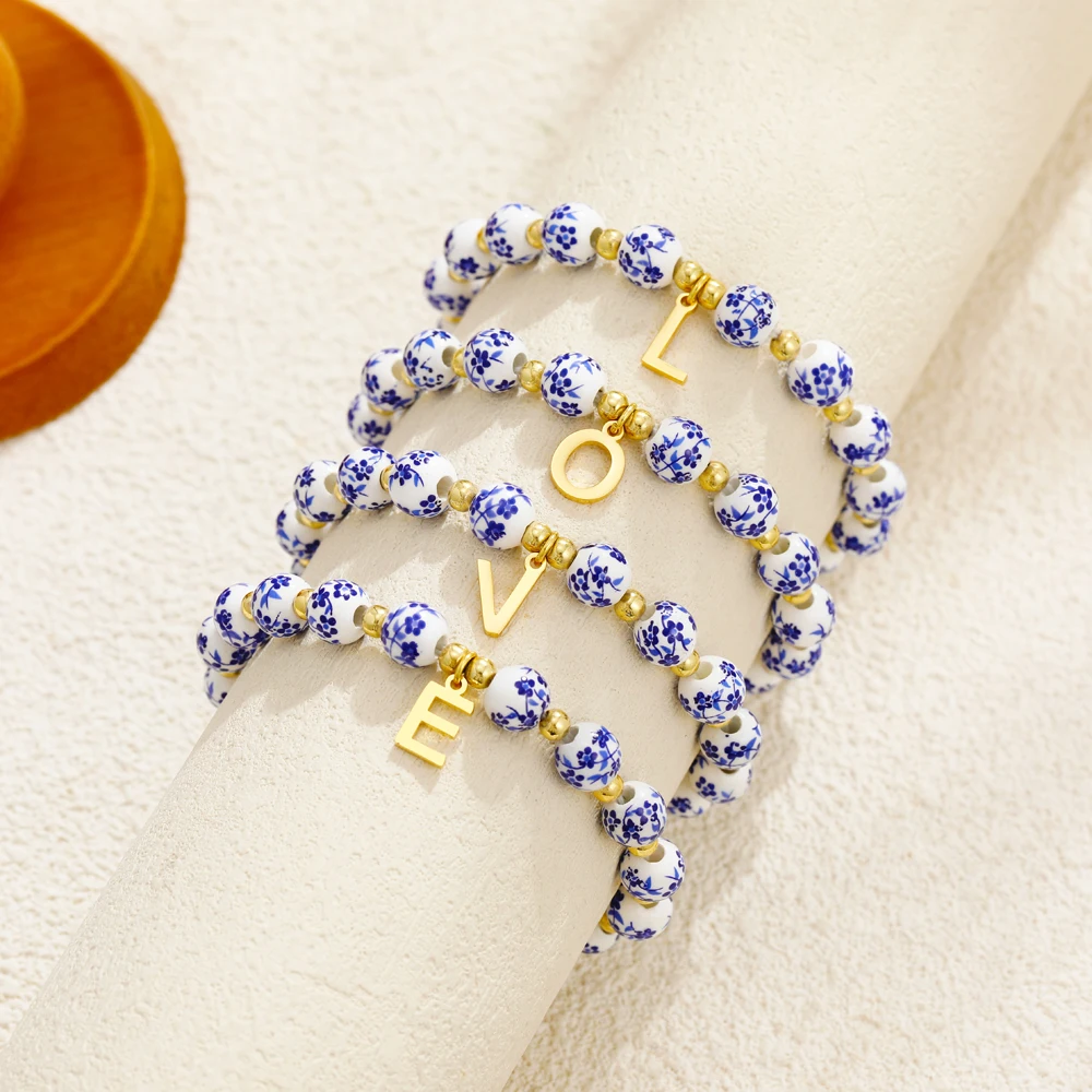 2 Pcs/set Handmade Beads Blue and White Porcelain Letter Bracelet Elastic Rope Initial Alphabet Bangle Birthday Gifts Jewelry