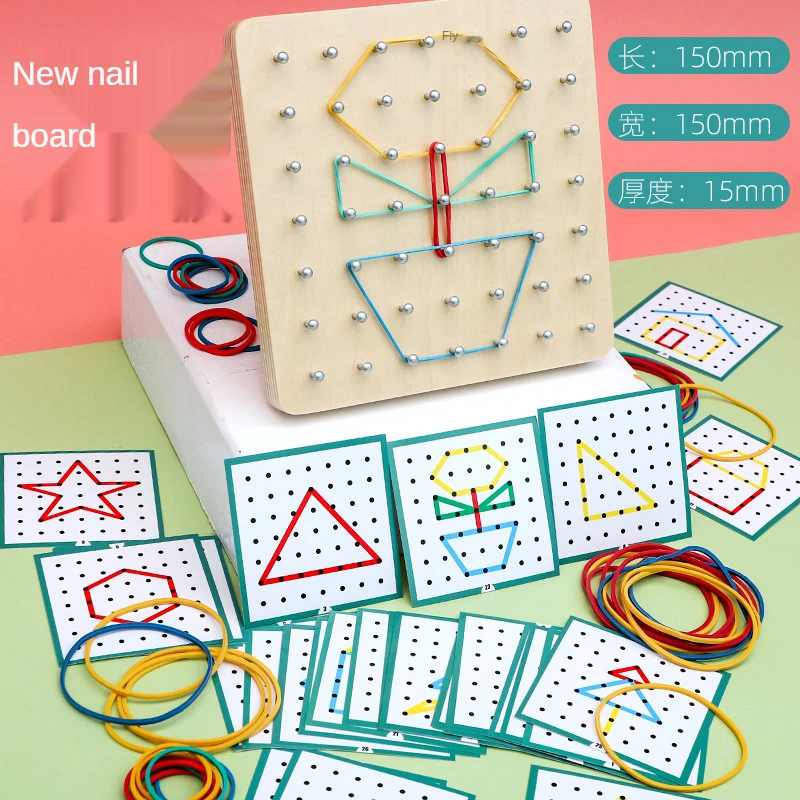 Wooden Montessori Nail Geoboard with 24 Pattern Cards Shape Puzzle Matrix and 40 Rubber Bands Stem Block Geoboard for Kids 3