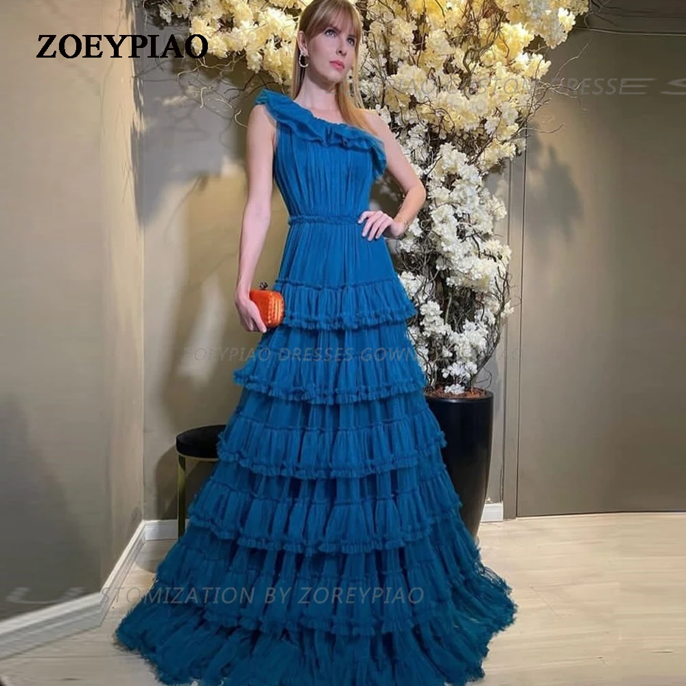 

Navy Blue Tulle A Line Long Prom Dresses One Shoulder Tiered Arabic Women Evening Gowns Formal Occasion Wedding Party Dress