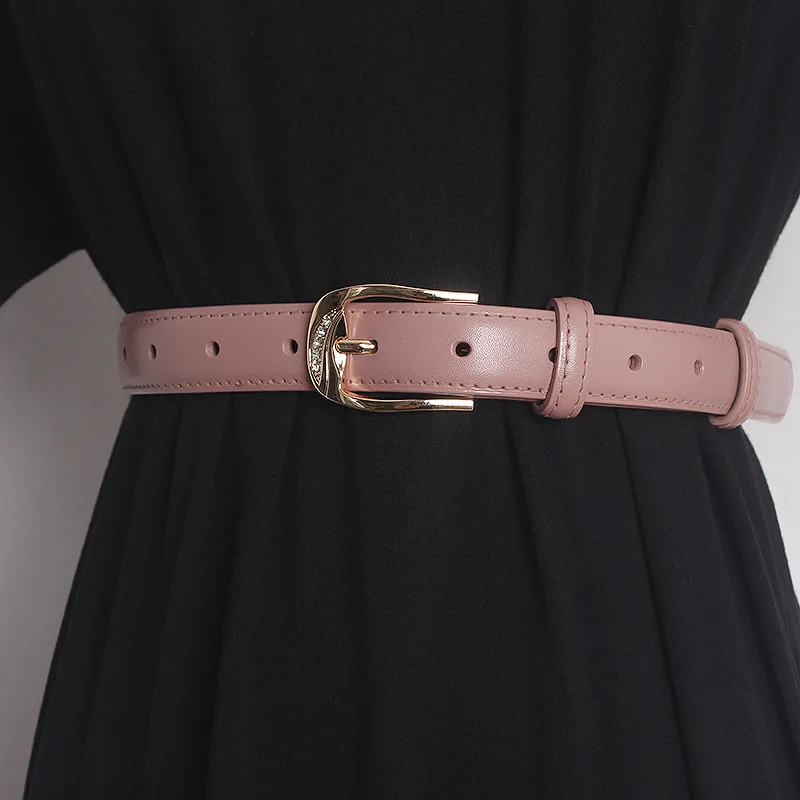 

Women's new inlaid diamond solid color metal pin buckle belt for women simple female belt versatile cowhide design