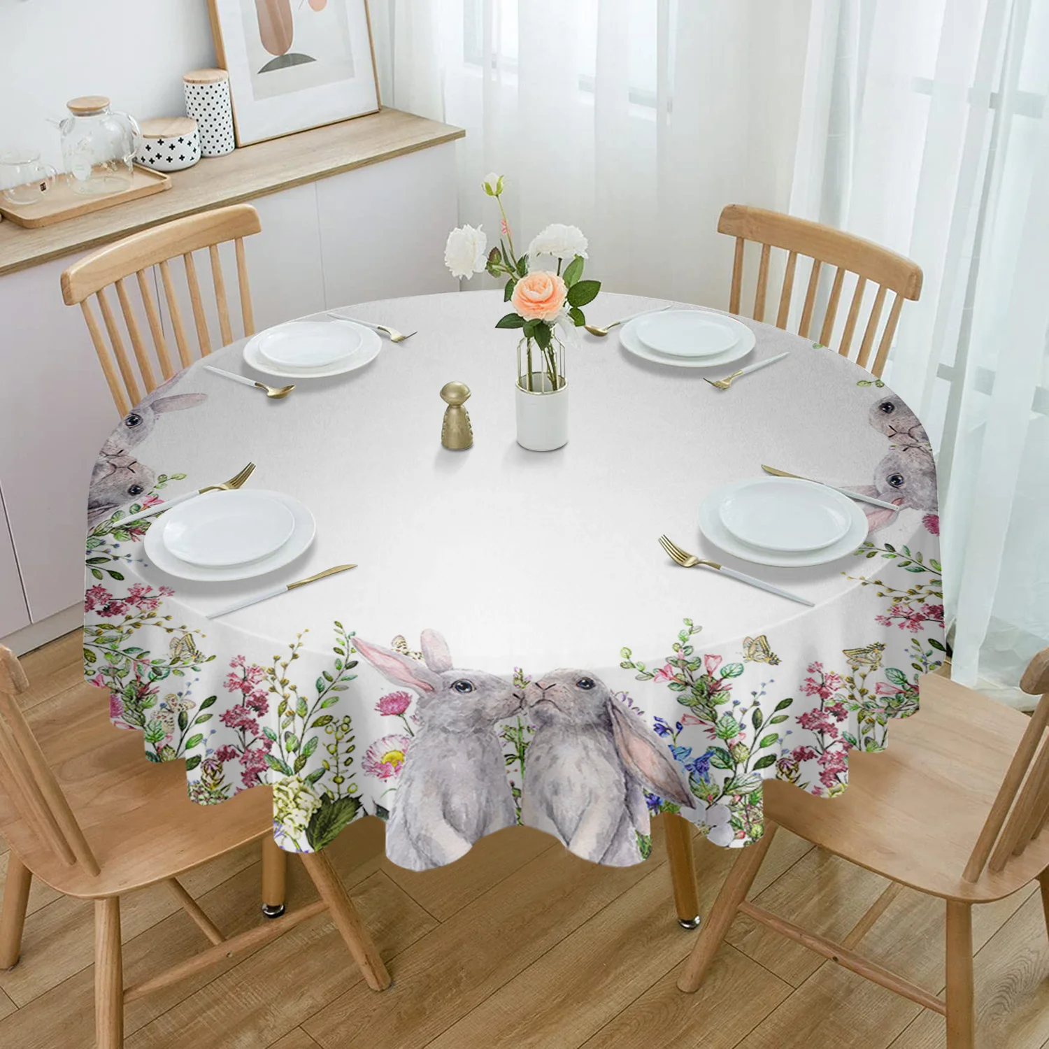 

Easter Watercolor Plants Flower Bunny Round Table Cloth Waterproof Wedding Holiday Tablecloth Coffee Table Decor Table Cover