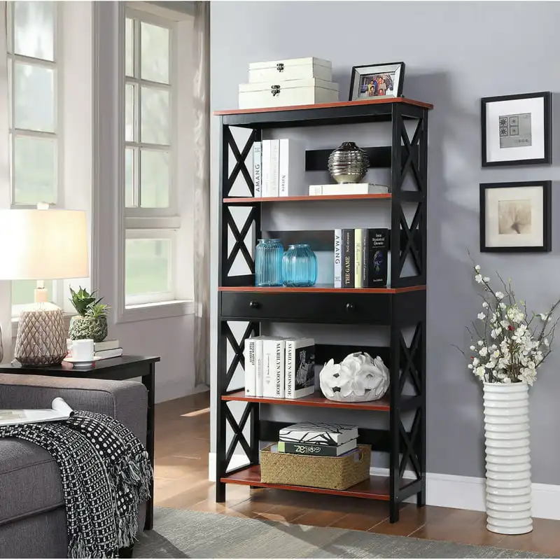 

Oxford 5 Tier Bookcase with Drawer, Cherry and Black