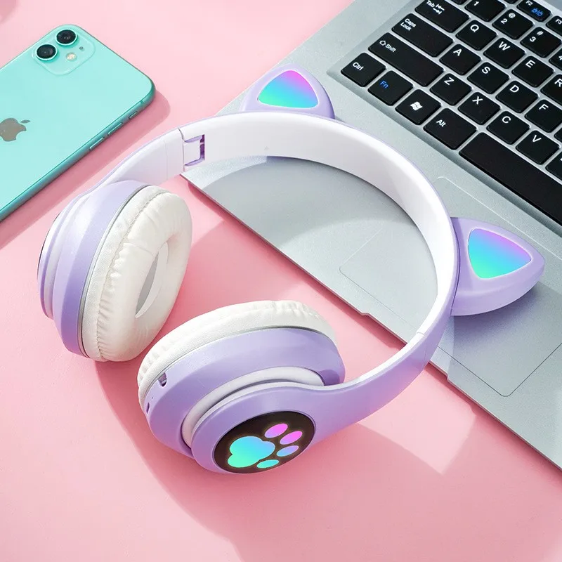 Adorable LED Light-Up Wireless Cat Ear Headphones - Pink Stereo Bluetooth Headset