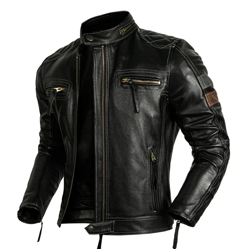 2025 first-layer cowhide, genuine leather jacket, stand-up collar trendy jacket, protective rider 6