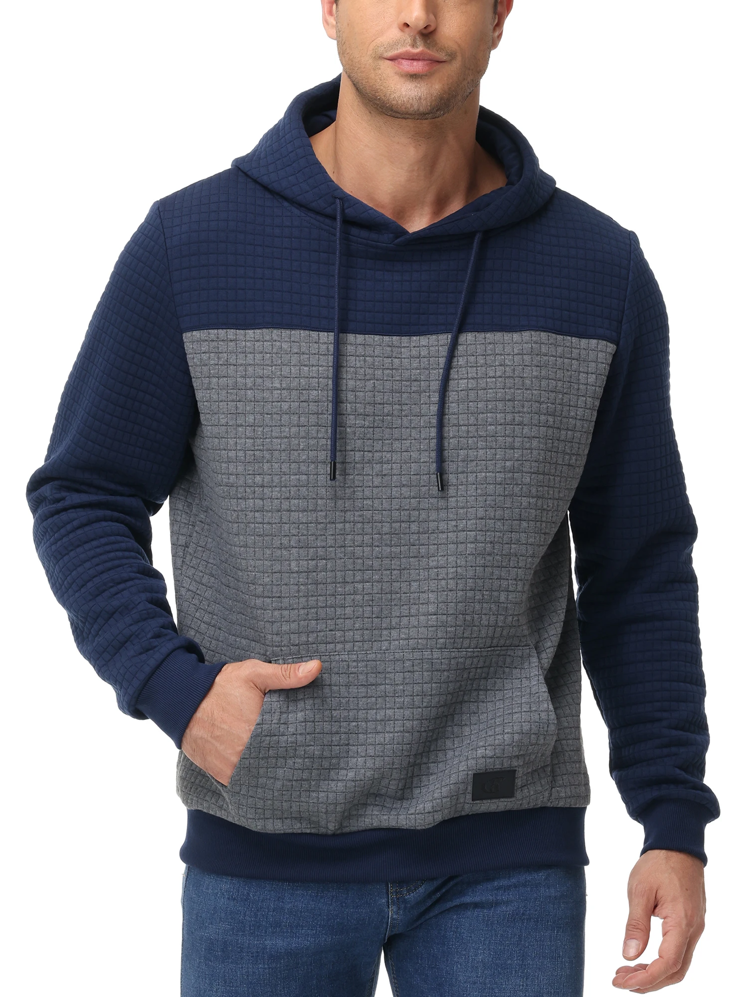Herren Langarm Pullover Hoodies Plaid Jacquard Kordelzug Lässige Kapuzenpullover mit Kanga-Taschen