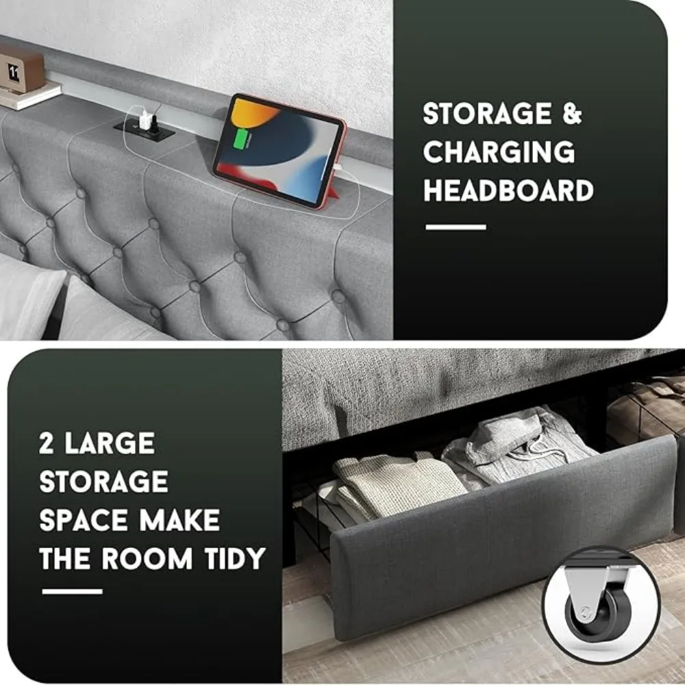 Queen Bed Frame with 2 Storage Drawers and Luxury Wingback Upholstered Button Tufted Storage Headboard Charging Station 5