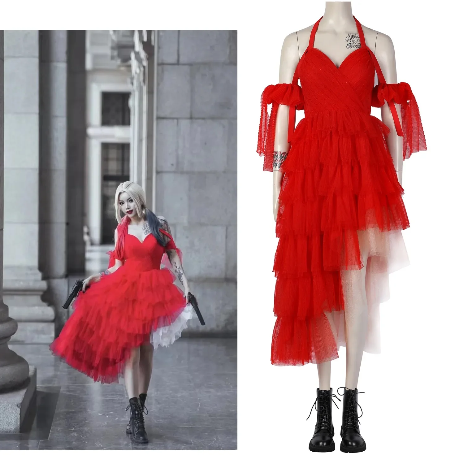 

Movie Harley Cosplay Costume Quinn Red Dress Woman Layered Fancy Dress Harleen Mesh Ball Gown Girl Slip Backless Dress Halloween