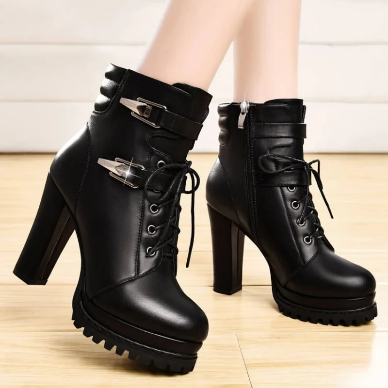 Fashion Motorcycle Leather Boots Women High Heel Zipper Short Boots Casual Thick-Soled Cross-Strap Black Ankle Boots New
