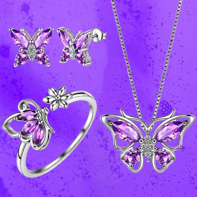 Butterfly Jewelry Set for Women Butterflies Amethyst Birthstone Pendant Necklace/Earrings/Rings for Wedding Valentine's Day Gift bridal jewelry sets,earring ring sets