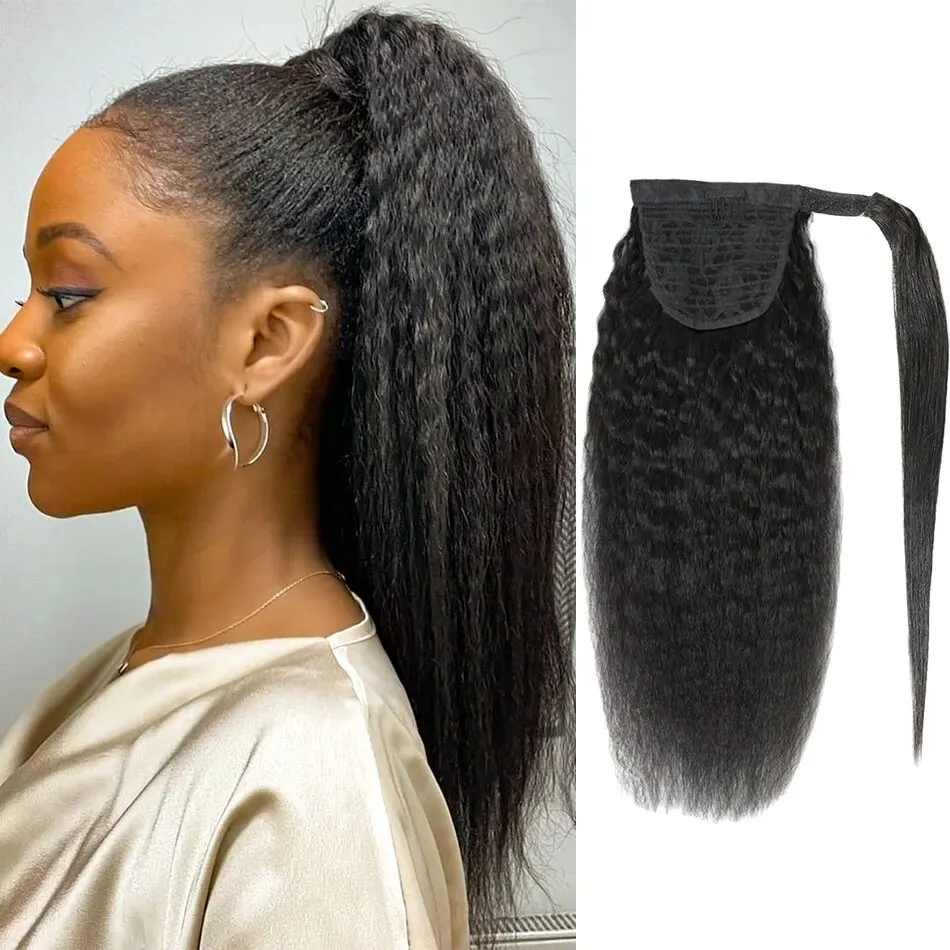 Kinky Straight Wrap Around Human Hair Ponytail Black Clip In Ponytail Extensions For Women Remy Hair Magic Paste Ponytail Hair
