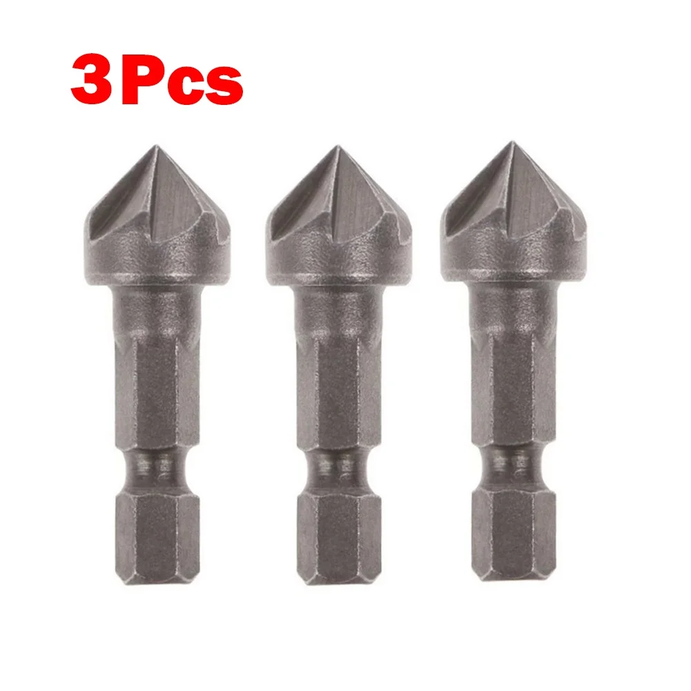 3 PCS Hexagonal Shank Five-Blade Chamfering Tool Carbon Steel Sandblasting Woodworking Hole Opener Counter Sink Drill Bits