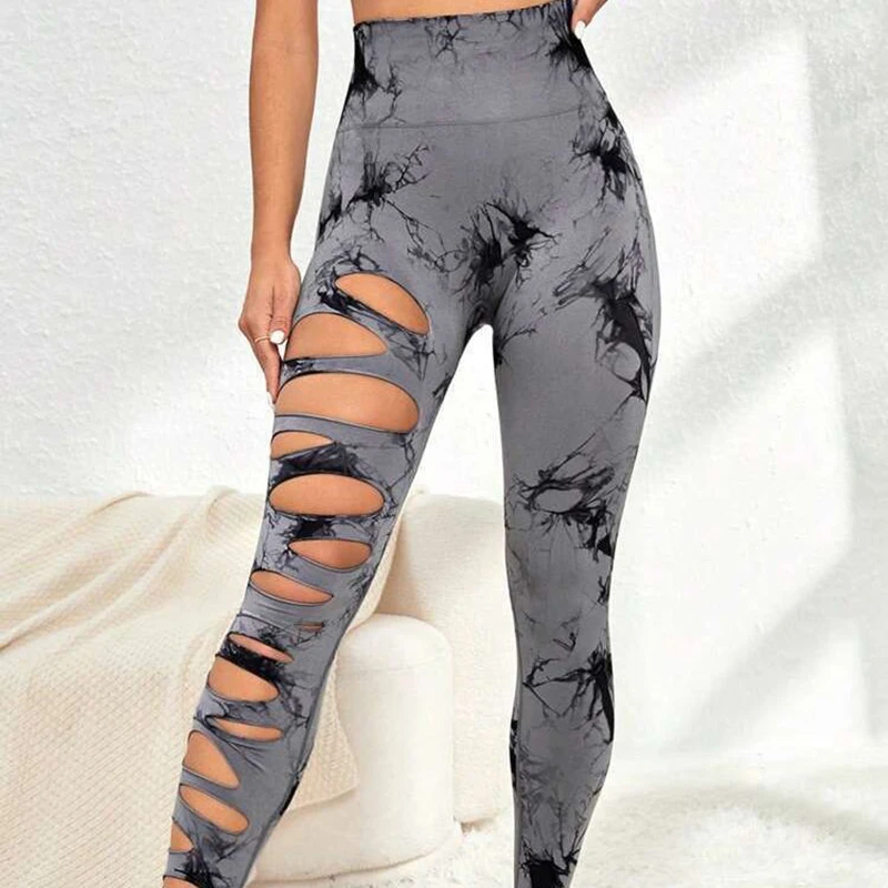 

Sean Tsing® Running Pants Women High Waist Hollow-out Tie Dye Tummy Control Leggings Workout Sport Yoga Pilates Gym Trousers