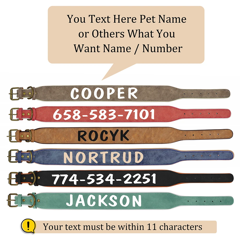 Personalized Leather Dog Collar Soft Padded Dogs Collars Free Print Pet Name Number Wide Necklace Durable for Medium Large Dogs