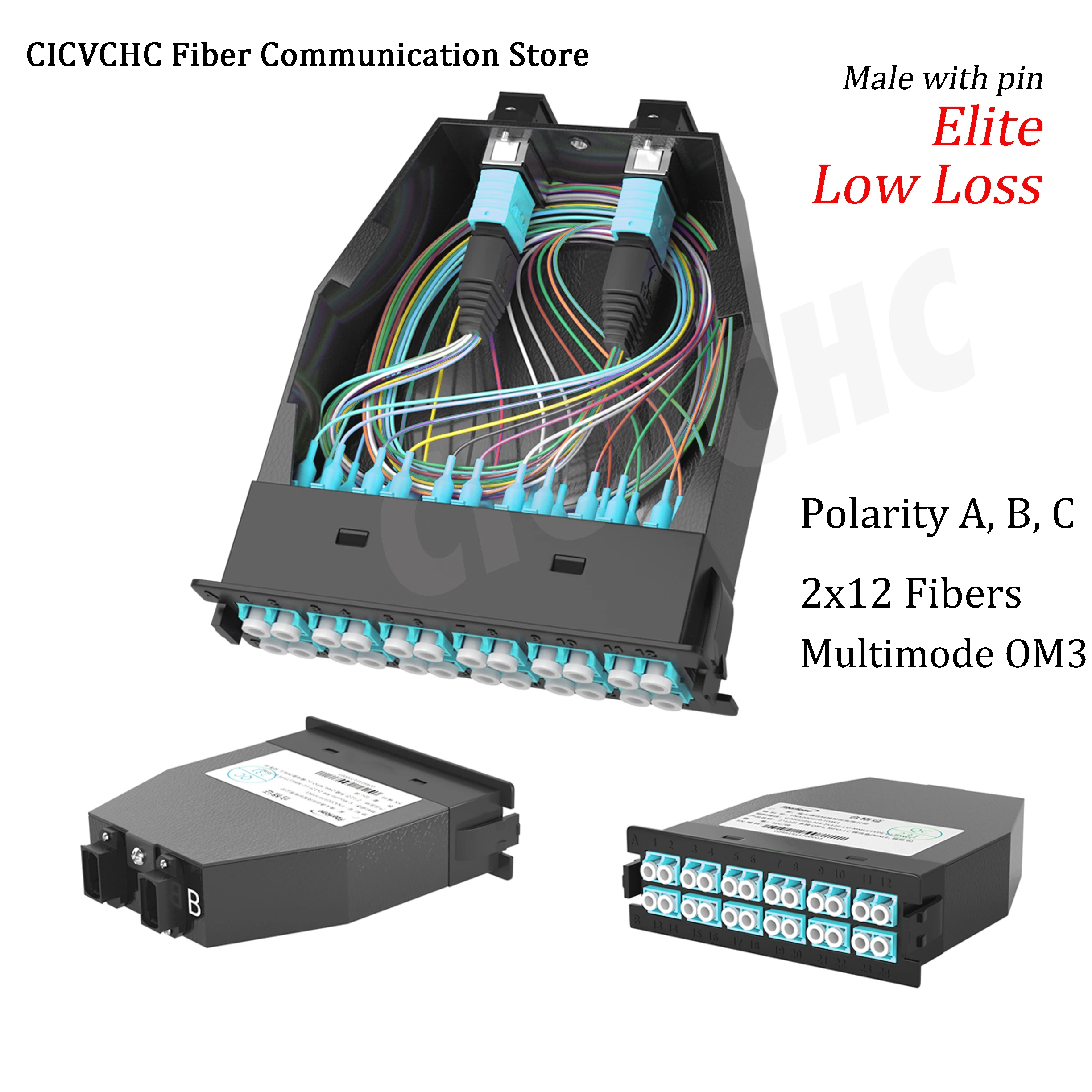 

2x12 Fibers High Density MPO/UPC to LC/UPC Conversion Cassette Module, OM3-300, Polarity A, AF, B-LGX Box