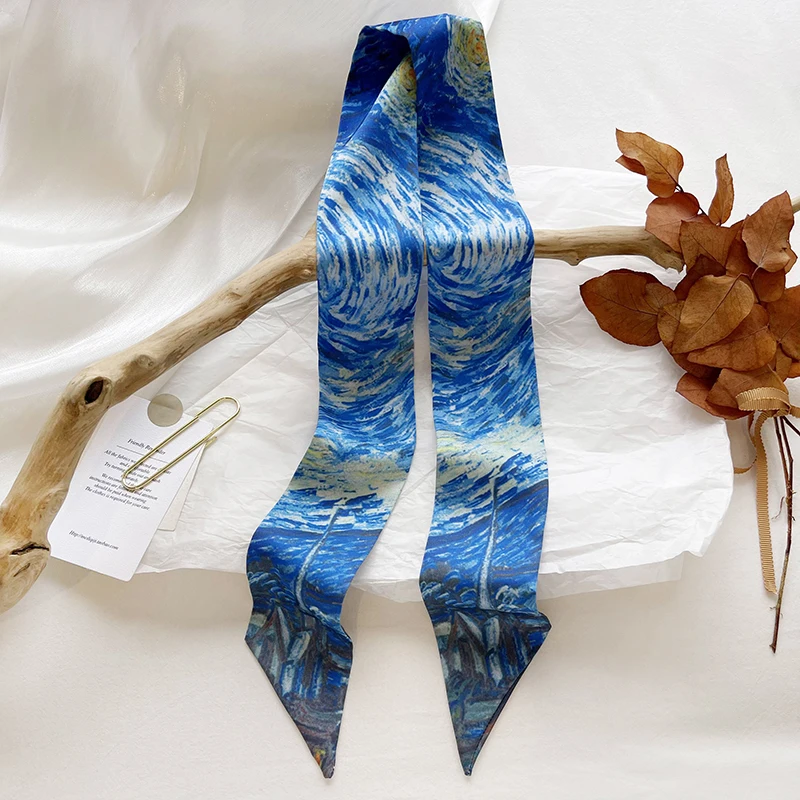 

Van Gogh's Oil Painting Art 6X100CM Imitation Silk Women Scarves Tie Hair Bands Binding Bags Decorative Narrow Silk Neckchiefs