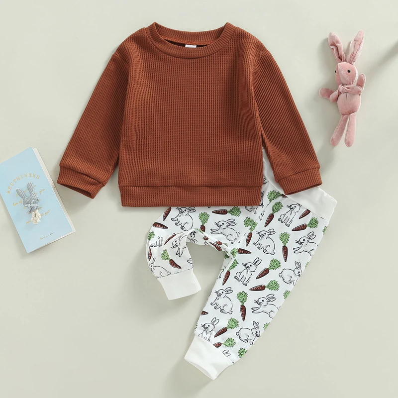 

Toddler Baby 2Pcs Easter Outfit, Long Sleeve Waffle Knit Sweatshirt + Clover Pants Spring Set for St. Patrick's Day 0-24Months