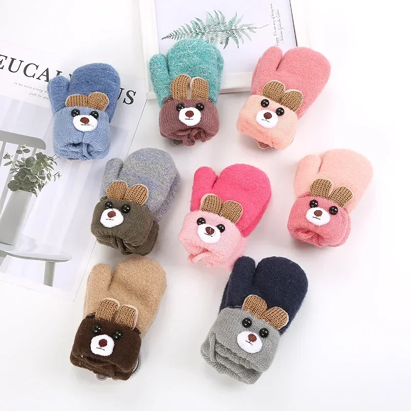 

0-3 Years Old Cartoon Cute Bear Children Gloves Winter Knit Wool Newborn Mittens Velvet Thick Children's Kids Keep Finger Warm