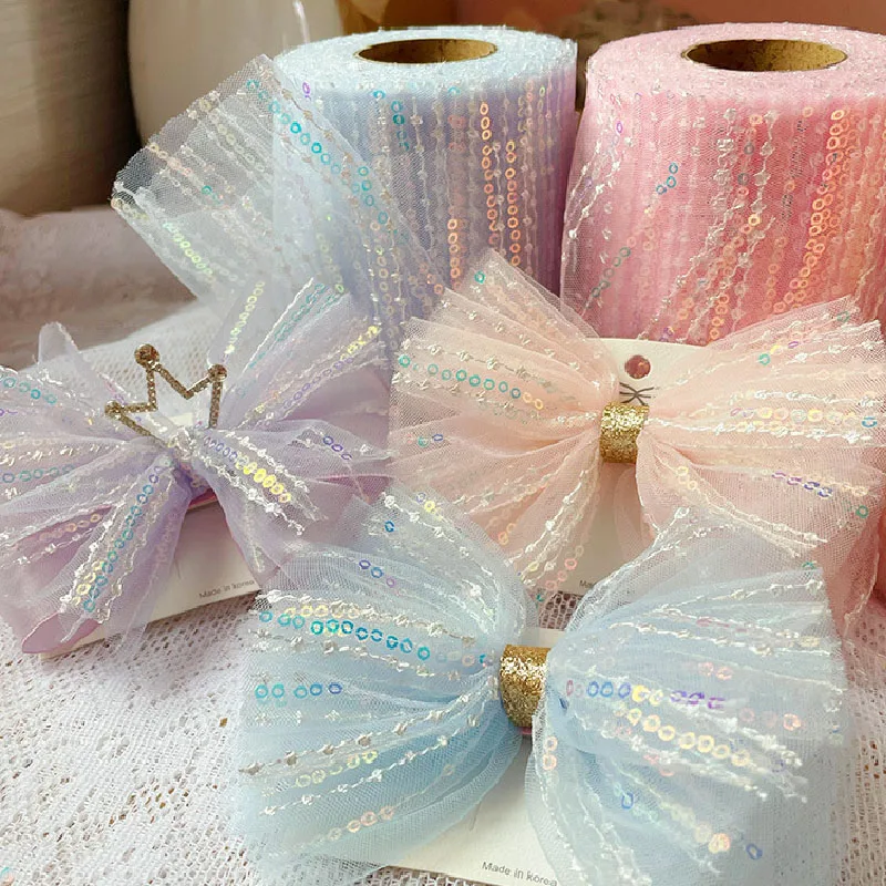 

12cm Wide Embroidered Sequin Organza Ribbon For Handmade Bow Material Kawaii Children's Hair Accessories Decoration Mesh Lace