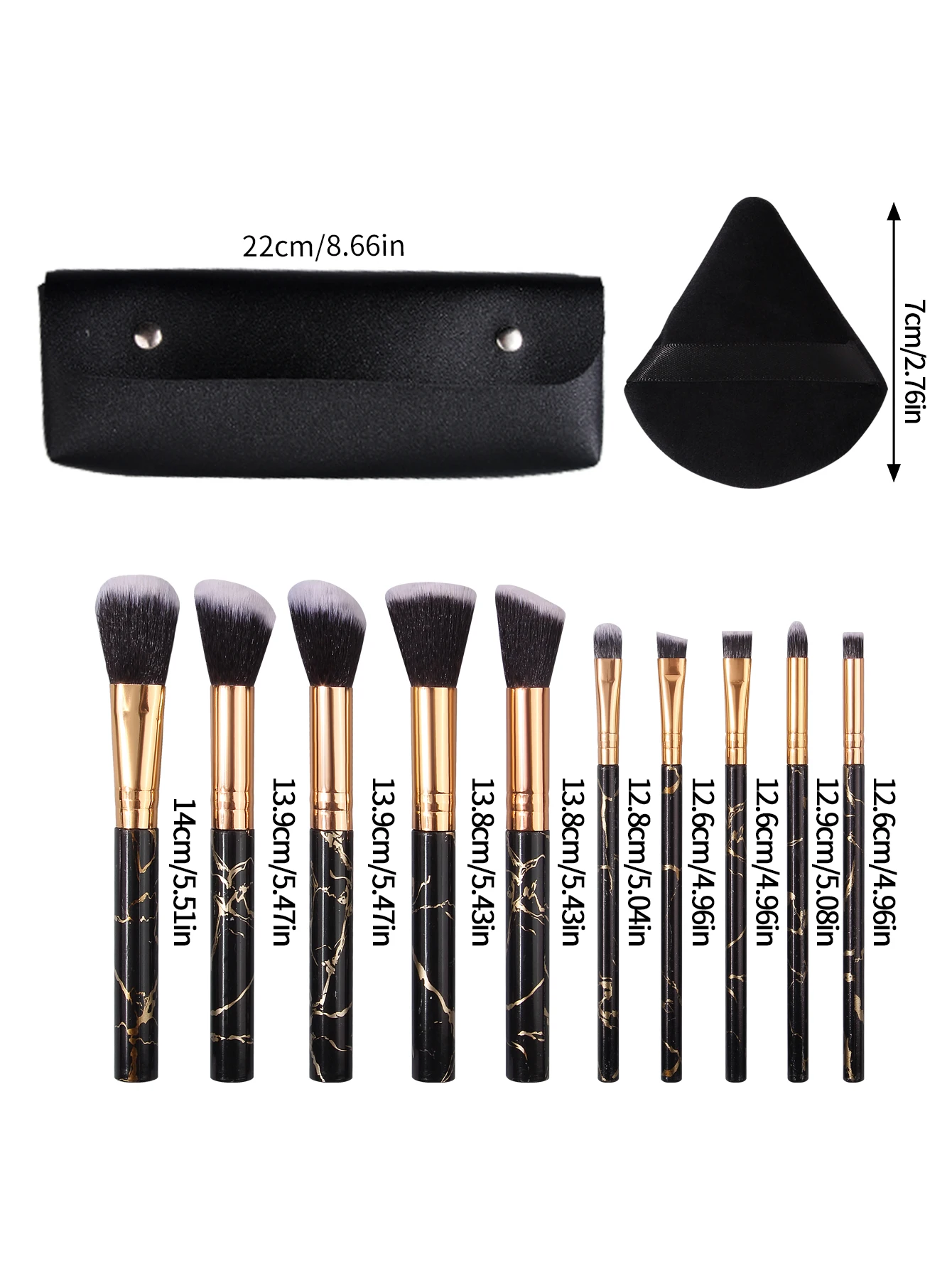 15PC 대리석 메이크업 브러쉬 세트(4개의 메이크업 스펀지 및 PU 가방 포함) 10PCS 블랙 골드 대리석 브러쉬 컴팩트 휴대용 화장품 도구
