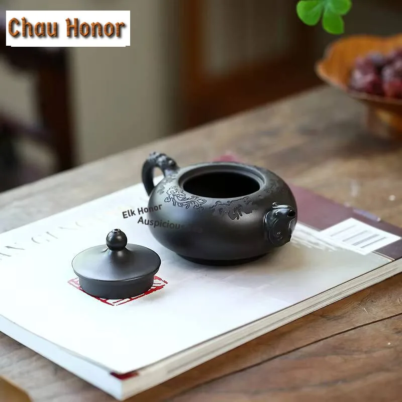 230ml Chinese Yixing Purple Clay Teapots Famous Artists Handmade Dragon Phoenix Pot Raw Ore Black Zhu Mud Kettle Zisha Tea Set