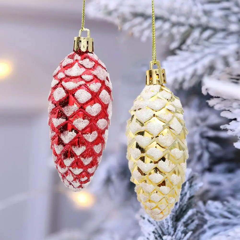 Plastic Painted Pine Cone Ball Xmas Pendants Lanyard Christmas Decoration Props Hanging Ornaments 10Pcs