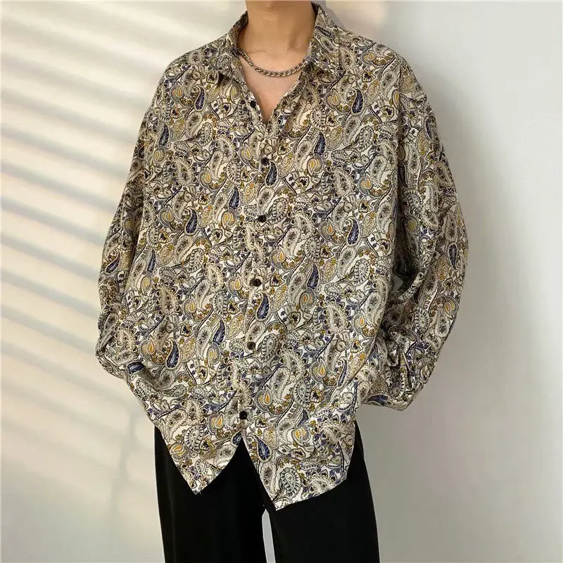 Vintage Hong Kong style ins sinking long-sleeved floral shirt for men couple versatile loose trendy lazy Cuban  hawaiian shirt