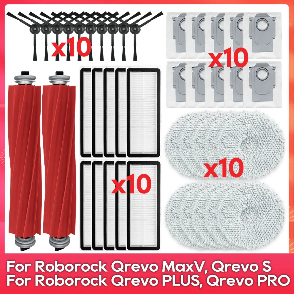 Kit Accessori Per Roborock Qrevo Plus/MaxV/Pro/S: Spazzola A Rullo, 2 Filtri, 4 Panni, 4 Spazzole Laterali, 2 Sacchetti Polvere