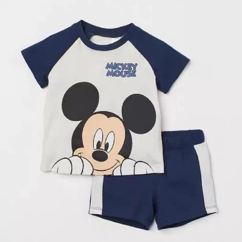 2024 Summer New Disney Mickey Boys Tracksuit Short Sleeved Suit Cartoon Fashion Casual Kids Clothing T-shirt + Shorts Outfits