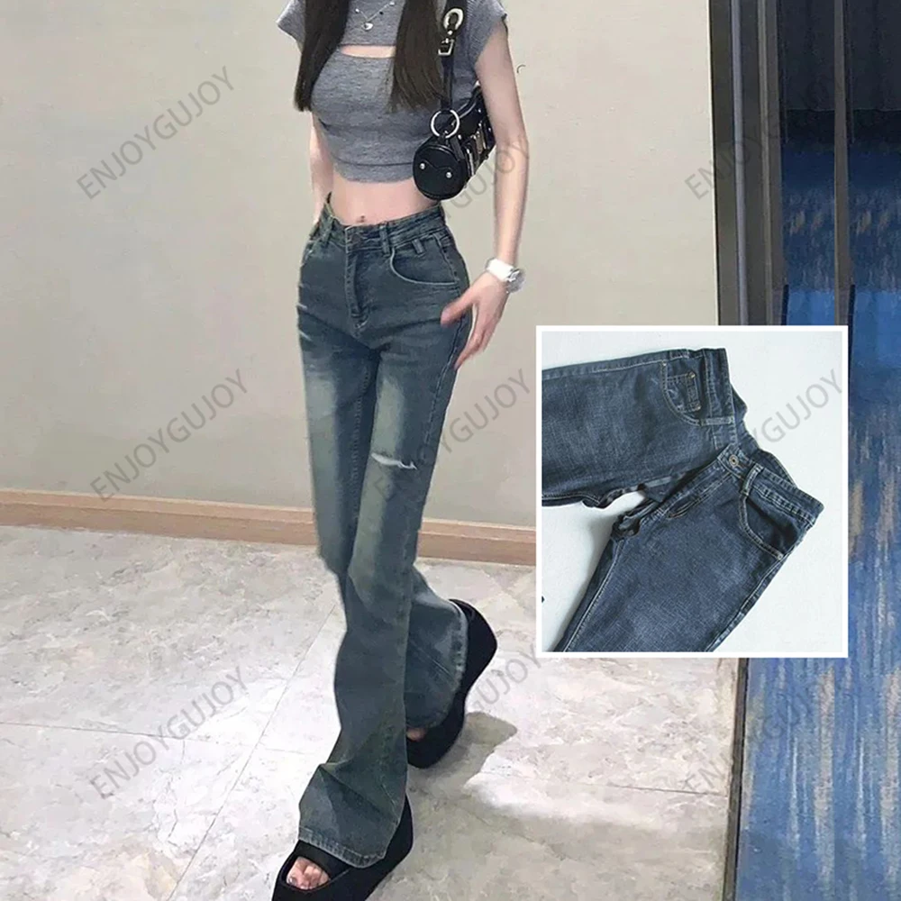 

Retro Distressed High Waisted Jeans Invisible Open Crotch Outdoor Sex Elasticity Slim Flared Pants Mopping The Floor Trousers