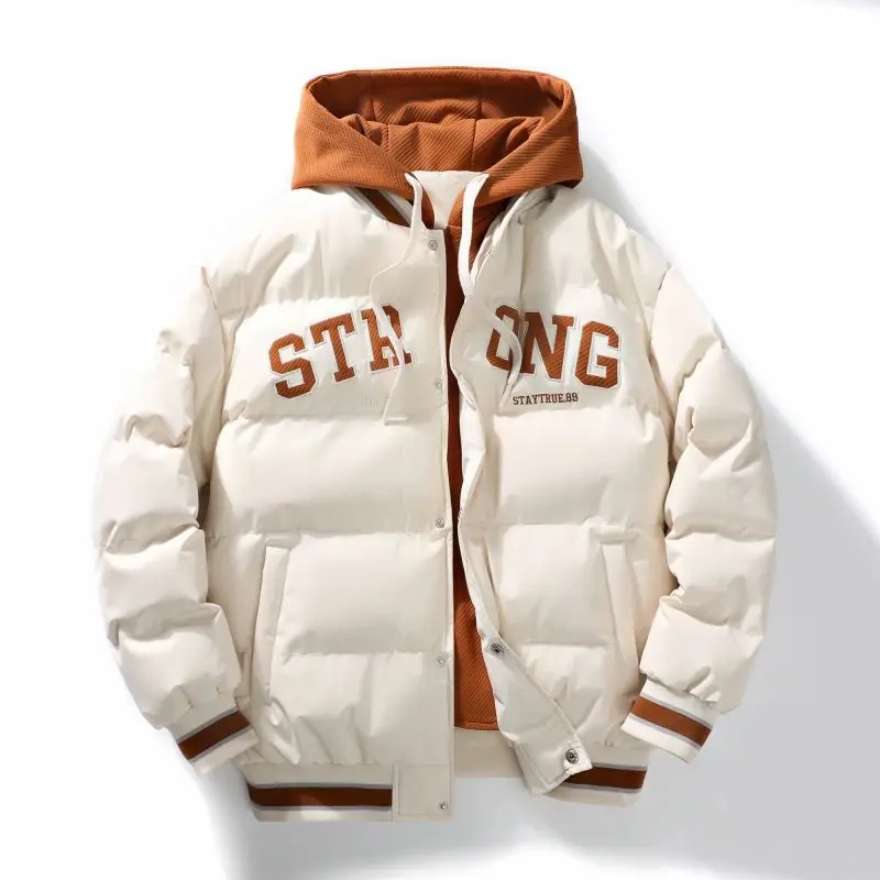 Teenagers Fake Two-Piece Down Cotton-Padded Coat Men Winter Thickened Hooded Warm Jacket Fashion Casual Large Size Outwear