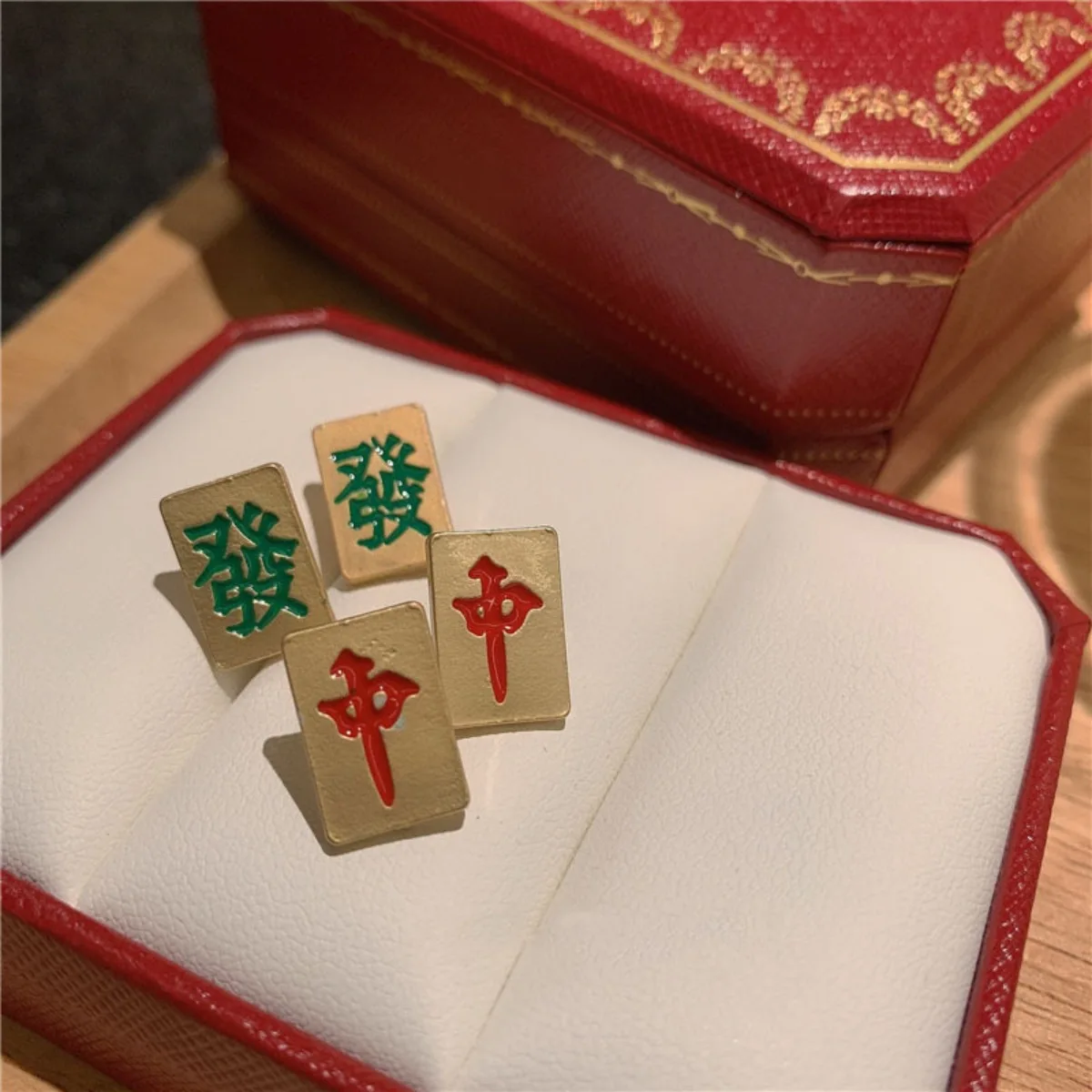 2024 New Design Mahjong Earrings for Women Golden Red Color Fashion Jewelry New Year Make A Fortune Lucky Gifts Charm Earring 4