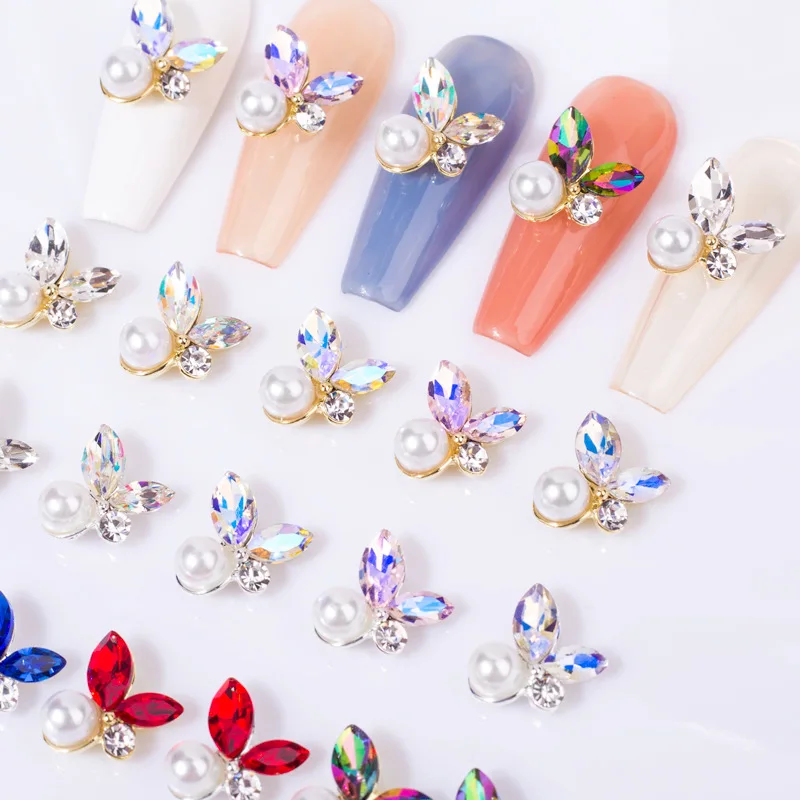 

10PCS Nail Art Rhinestone Crystal Charm Pearls Butterfly for 3D Nail Art Decoration Phone Sparkle Jewelry Hand Craft Beads DIY