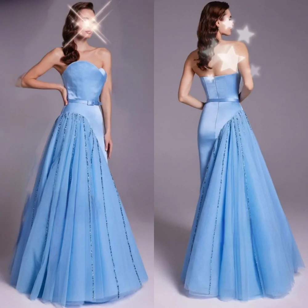 

Jersey Sequined Sash Ruched Celebrity A-line Strapless Bespoke Occasion Gown Long Dresses
