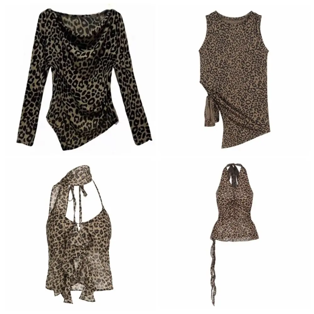 Irregular Leopard Crop Top Bottoming Shirt Ins Halter Cheesy Tops Female Clothing Slim Fit Leopard T-Shirt Women Streetwear