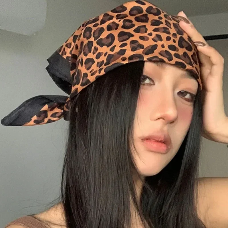 Y2k Leopard Print Headscarfs Women Square Headband 54cm HipHop Street Dance Retro Motorcycle Riding Face Scarfs printed scarf,square scarf,women scarves